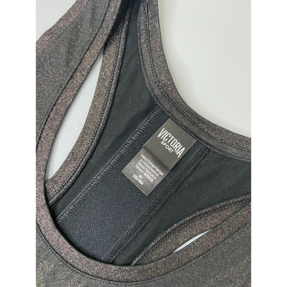 Victoria Sport women's medium black gold shimmer racer open back athletic tank - Picture 2 of 7